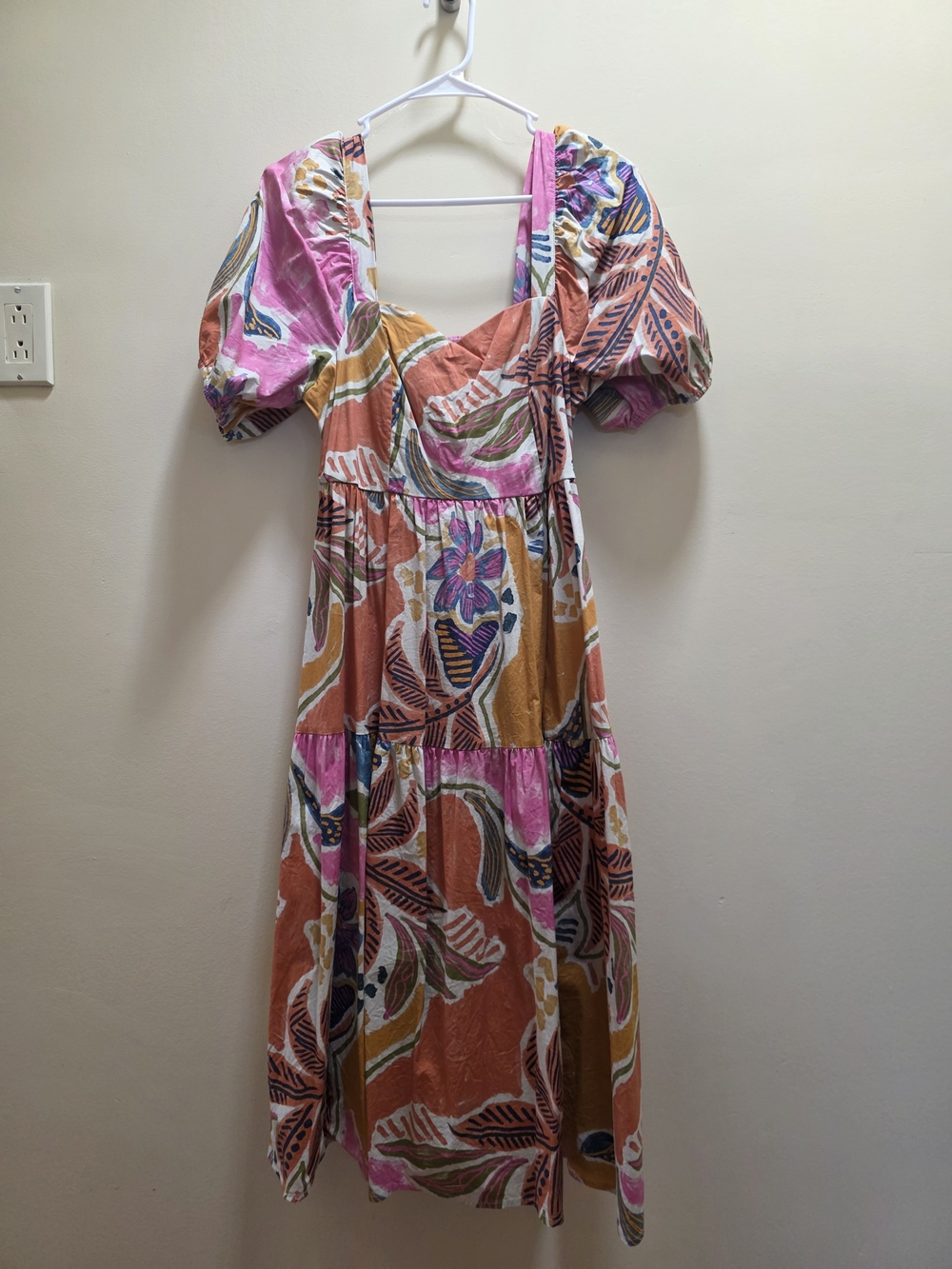 Crista Sky Women’s Floral Puff-Sleeve Midi Dress in Pink & Orange SizeL